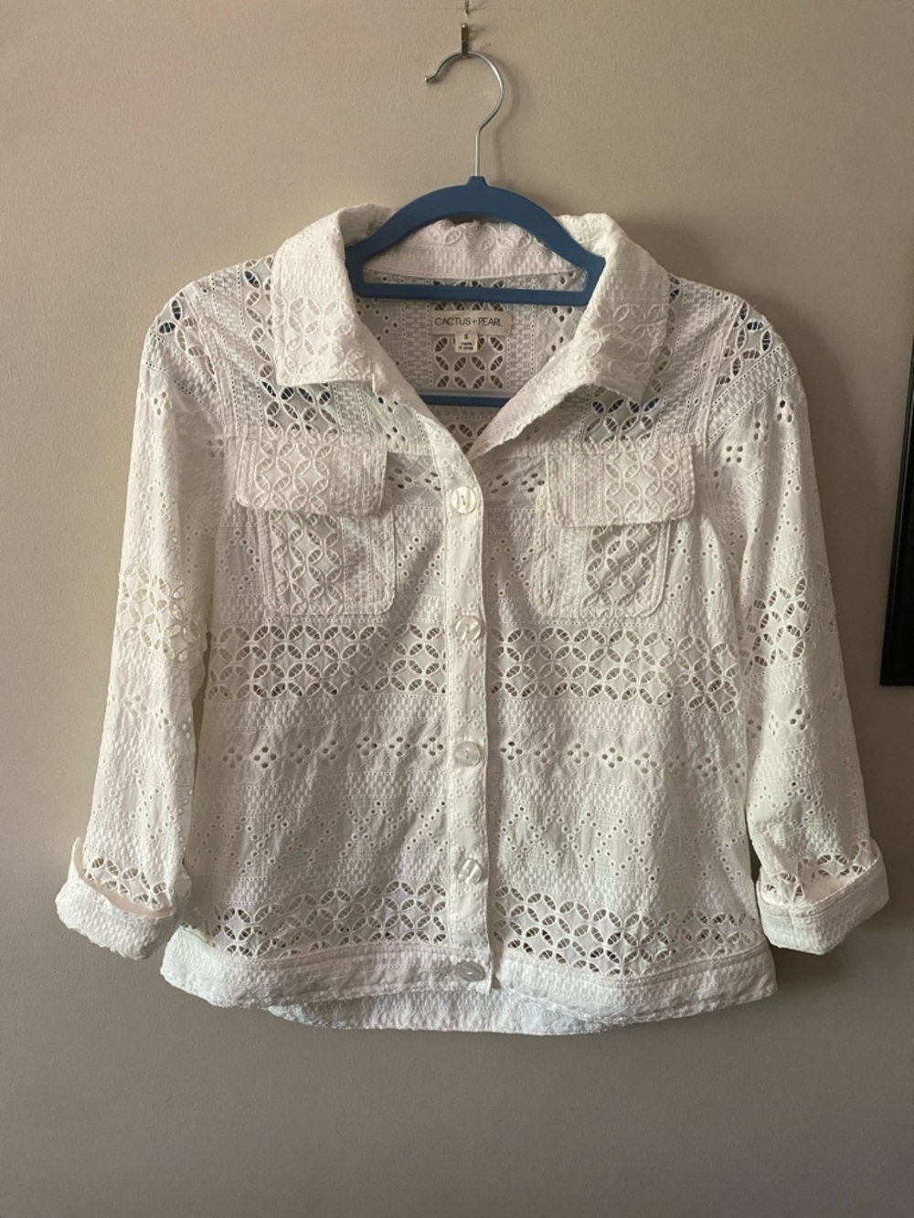 Cactus + Pearl White Eyelet Button-Front Shirt Jacket